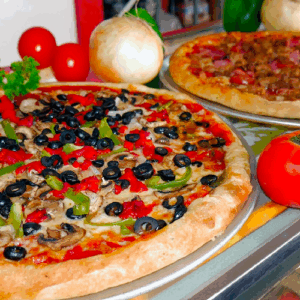 Two delicious pizzas topped with olives, mushrooms, and tomatoes.