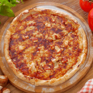 A freshly baked pizza with a golden crust and melted cheese.